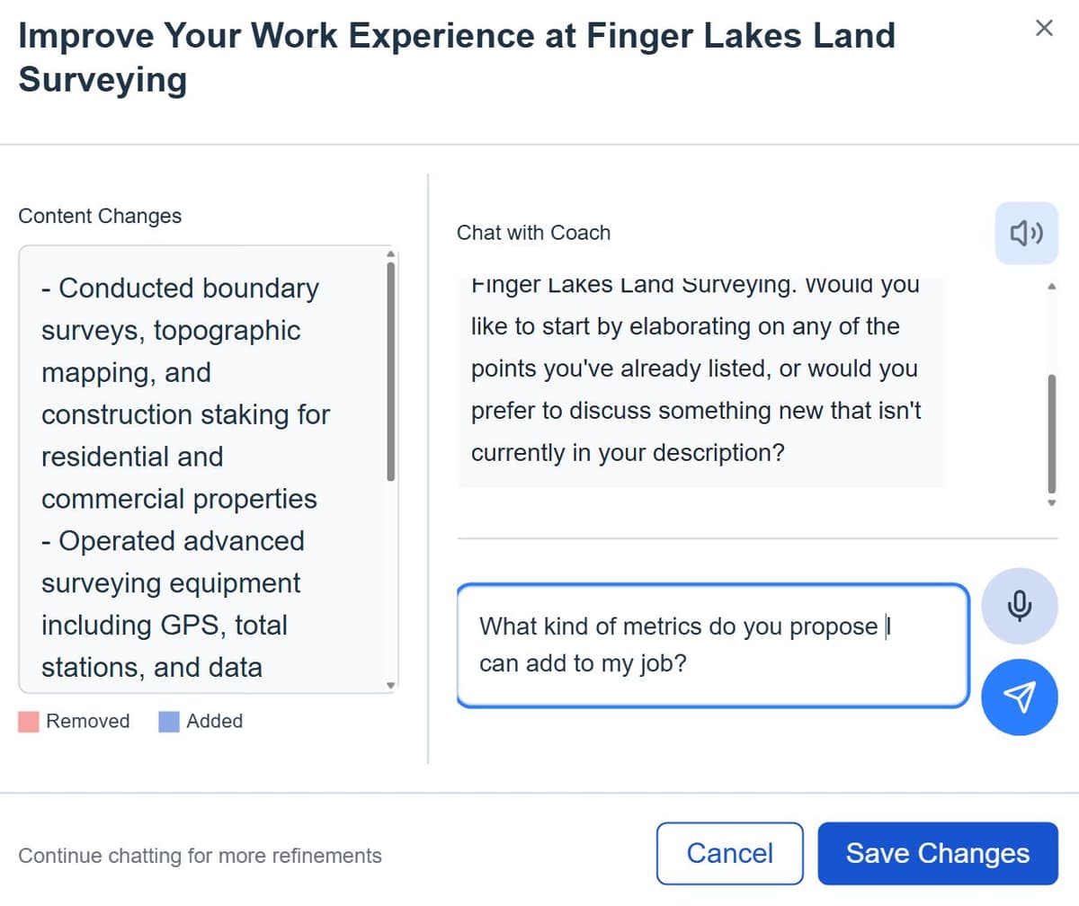 AI career coach helping quantify accomplishments with metrics